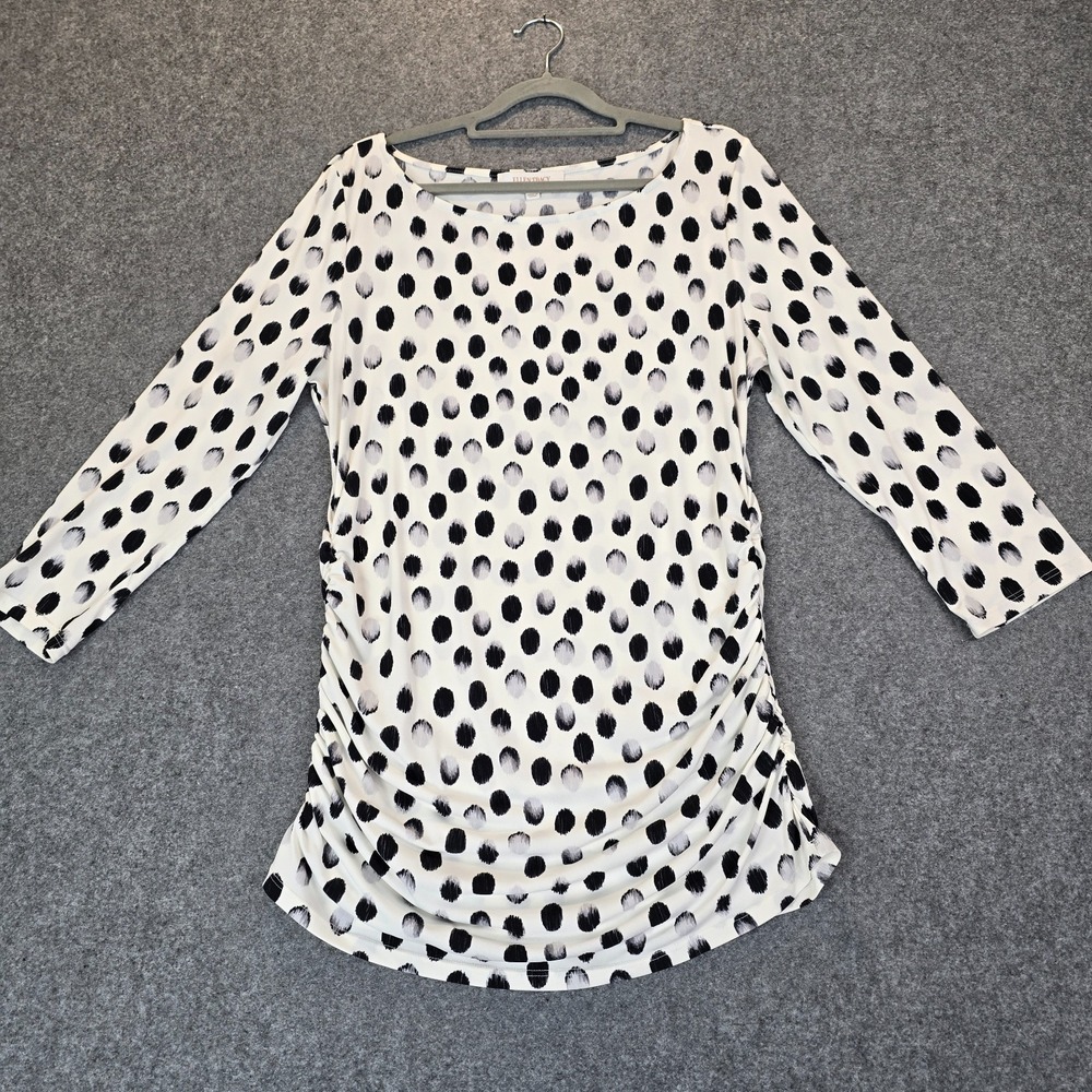 Ellen Tracy Blouse Top Womens White Black Polka Dot Stretch Casual Side Ruched